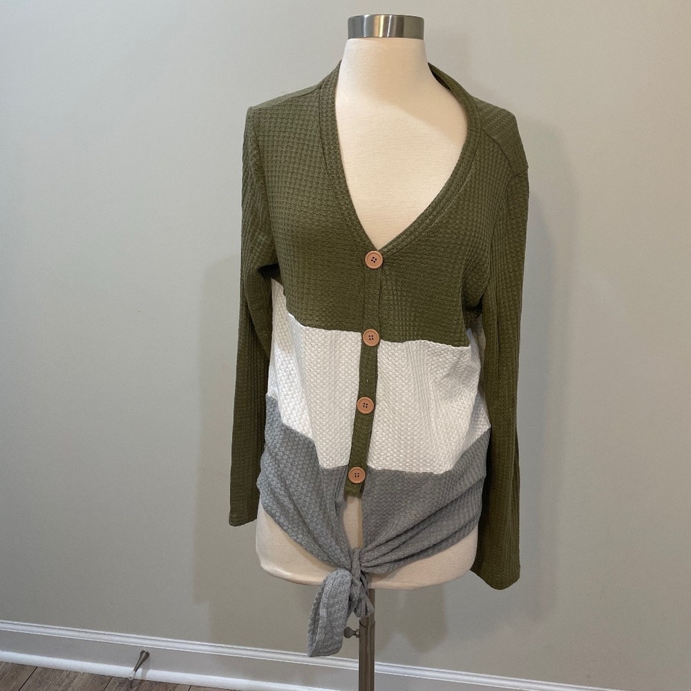 Long Sleeve Color Block top Button down tie front